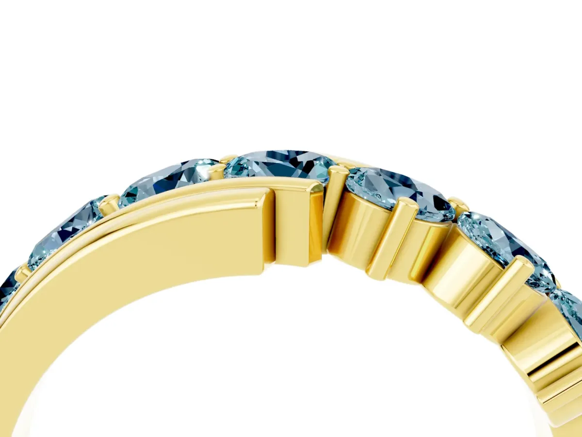 Round Aquamarine Wave Band with Channel and Shared Prong Setting Yellow gold