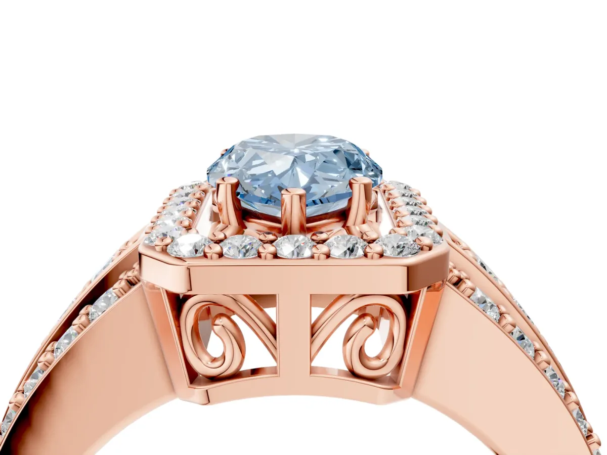 Fancy Blue Pear Cut Halo Diamond Ring with Round Split Shank and Prong Setting Rose gold