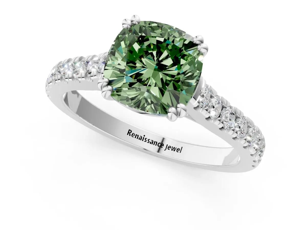 Fancy Green Cushion Cut Solitaire Pave Diamond Engagement Ring with Prong Setting White gold