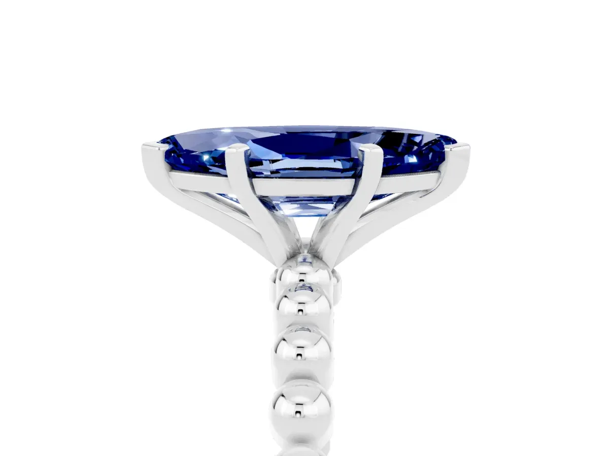 Marquise Cut Blue Sapphire Solitaire Ring with Beaded Band and Prong Setting Silver