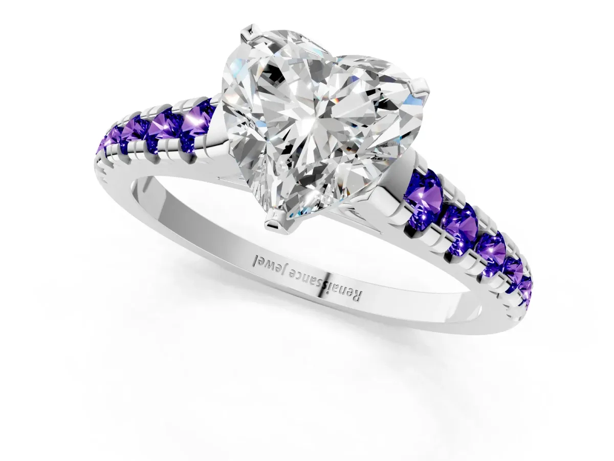 Heart Cut Diamond Cathedral Solitaire Ring with Round Tanzanite Pavé Band Silver