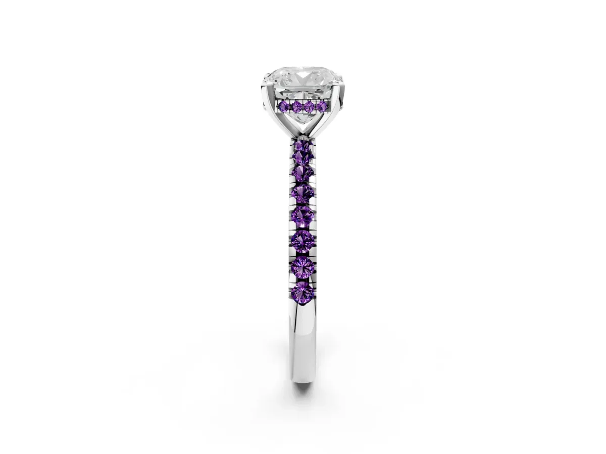 Cushion Cut Diamond Solitaire Ring with Round Amethyst Pavé Band and Four-Prong Setting Silver