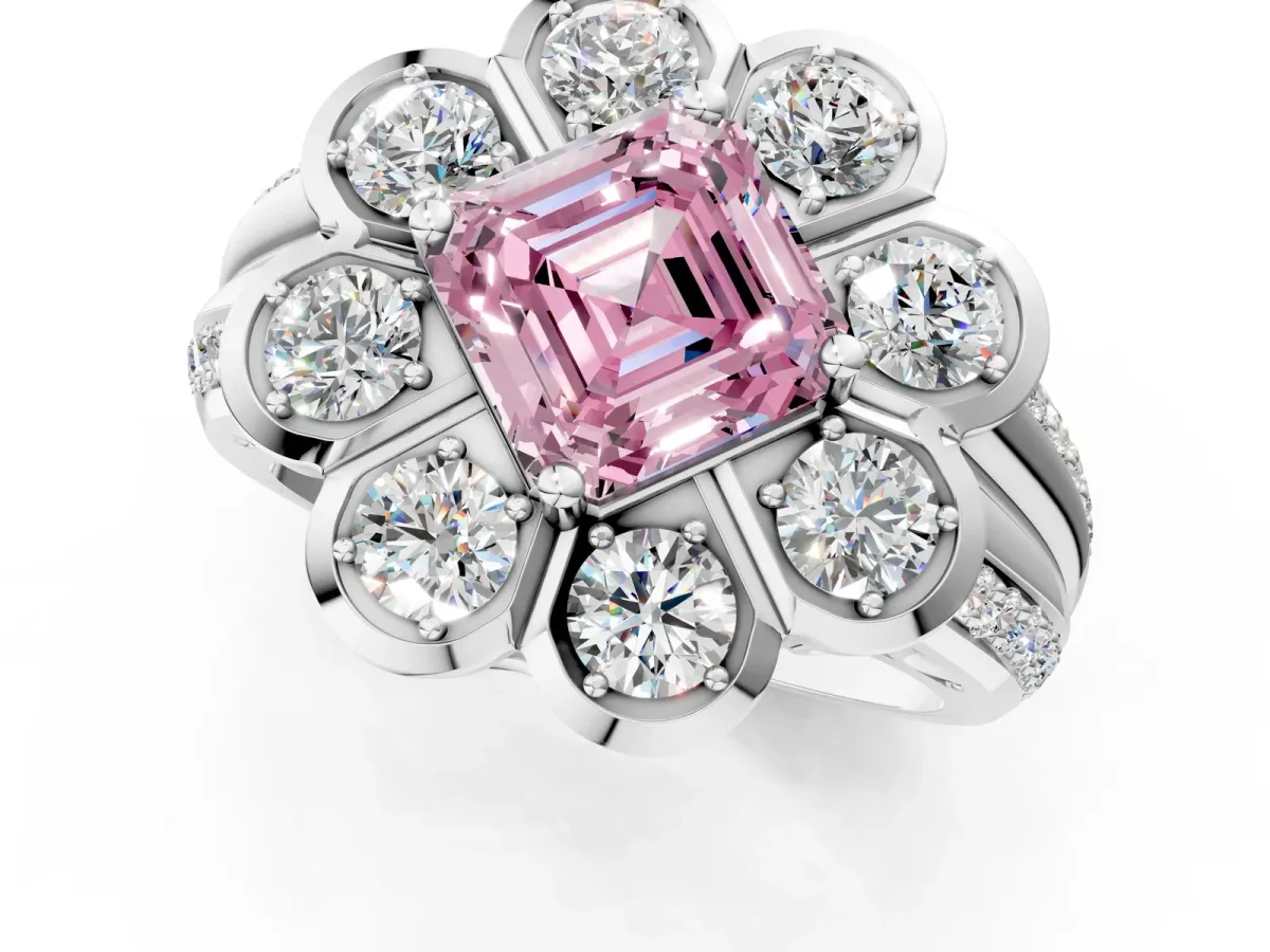 Fancy Pink Asscher Cut Brilliant Flower Halo Diamond Split Shank Ring Platinum
