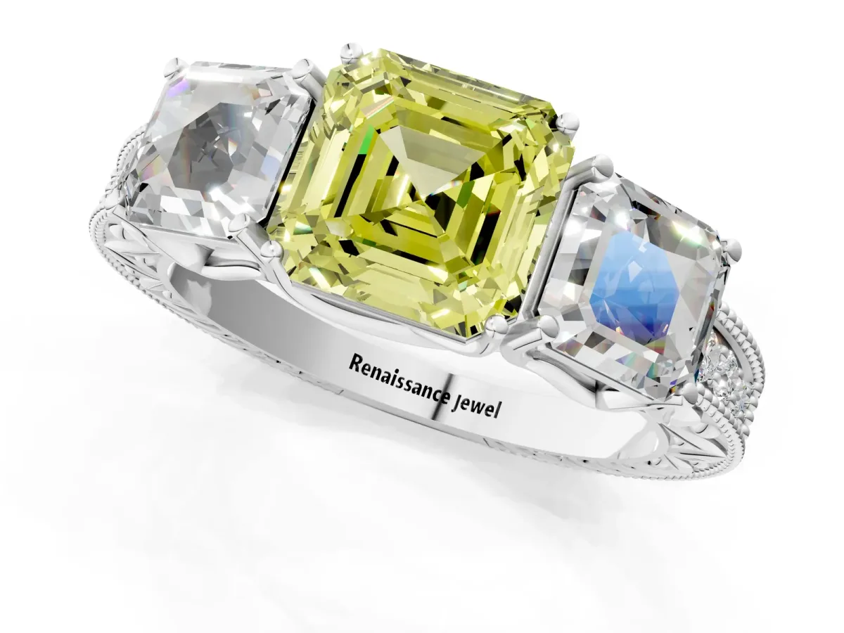 Fancy Yellow Three-Stone Asscher Cut Cut Milgrain Pavé Engagement Ring Platinum