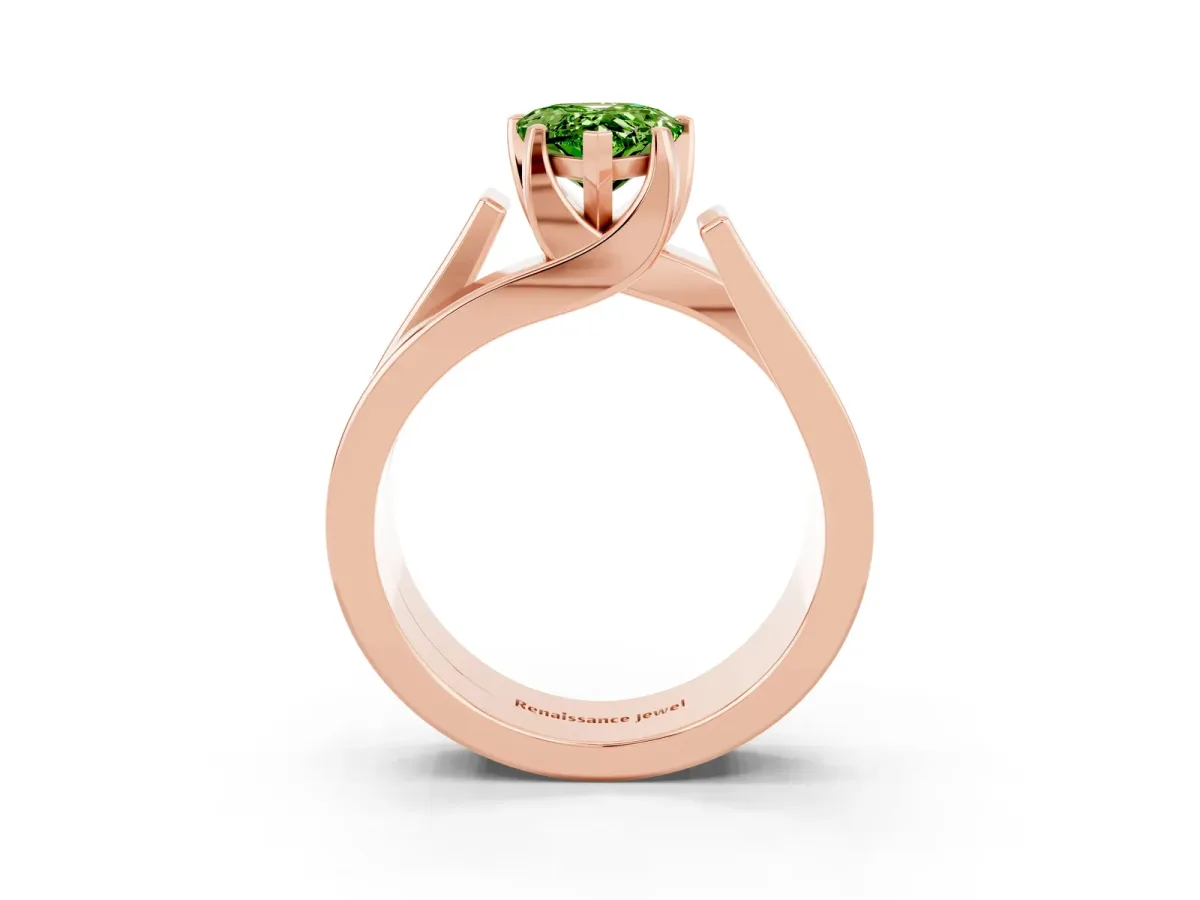 Modern Tension Set Pear Cut Peridot Solitaire Wide Band Ring Rose gold