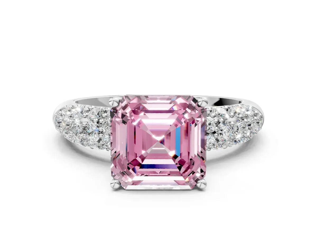 Fancy Pink Asscher Cut Diamond Pavé Band Solitaire Ring with Four-Prong Setting Platinum