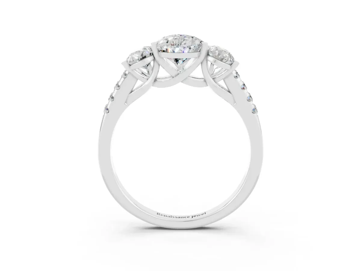 Three-Stone Pear Cut Moissanite Ring with Round Pavé Band and Prong Setting Silver
