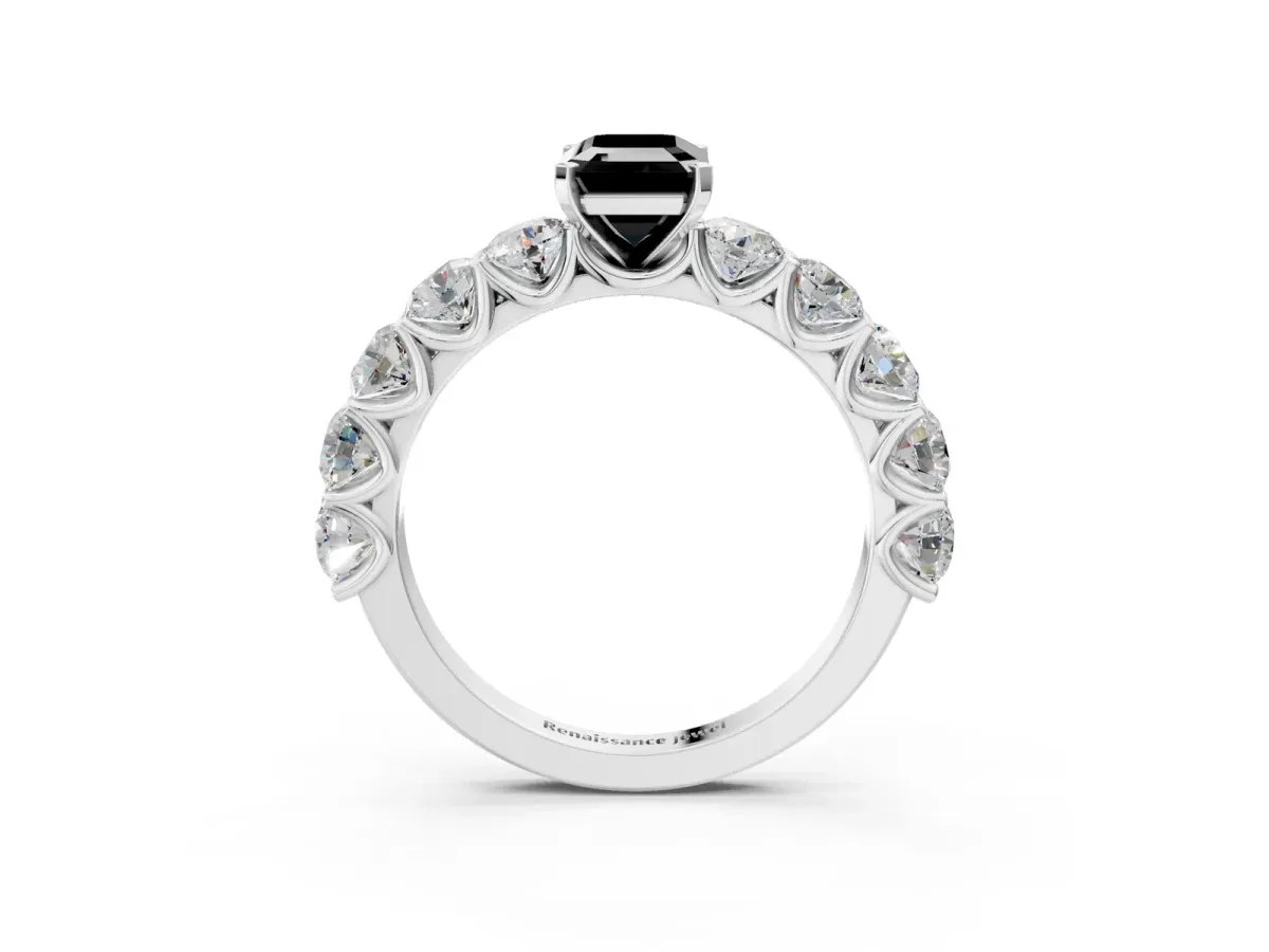 Fancy Black Emerald Cut Diamond Prong Setting with Side Stones on a Pave Band Platinum