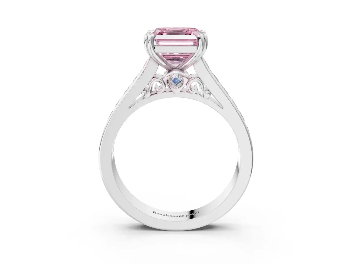 Fancy Pink Asscher Cut Cut Channel Set Solitaire Engagement Ring with Prong Setting Platinum