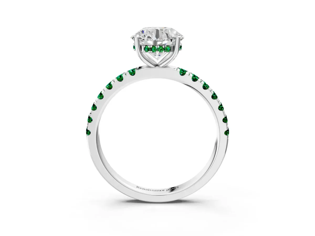 Round Cut Diamond Pave Band Solitaire Ring with Round Emerald and Prong Setting White gold