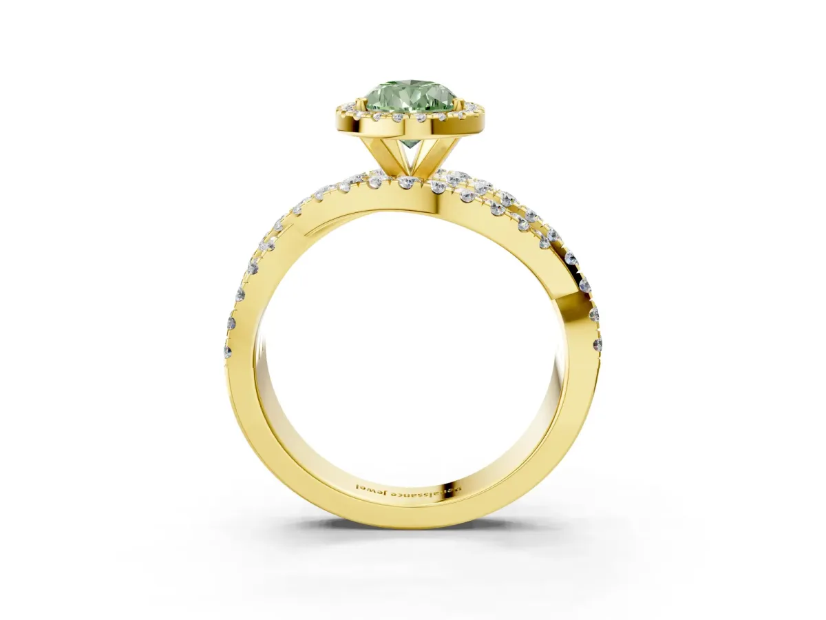 Fancy Green Pear Cut Diamond Halo Ring with Round Split Shank and Prong Setting Yellow gold