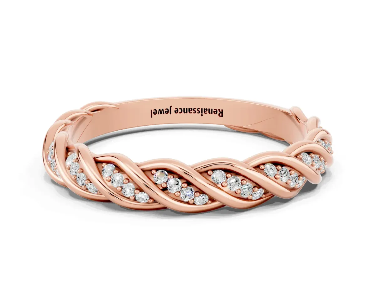 Twisted Pavé Round Moissanite Eternity Band with Shared Prong Setting Rose gold