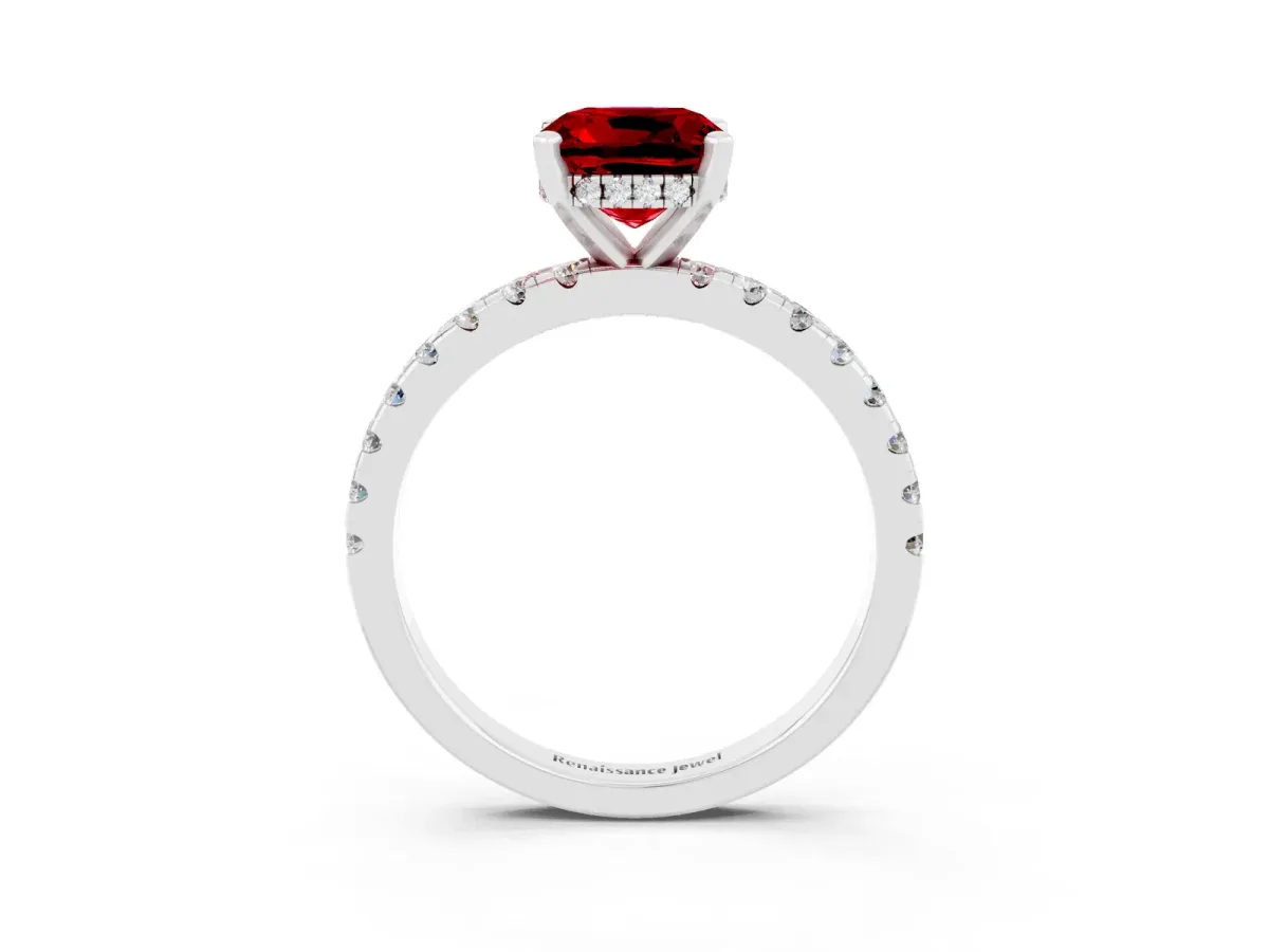 Cushion Cut Ruby Solitaire Ring with Round Pavé Band and Four-Prong Setting Platinum