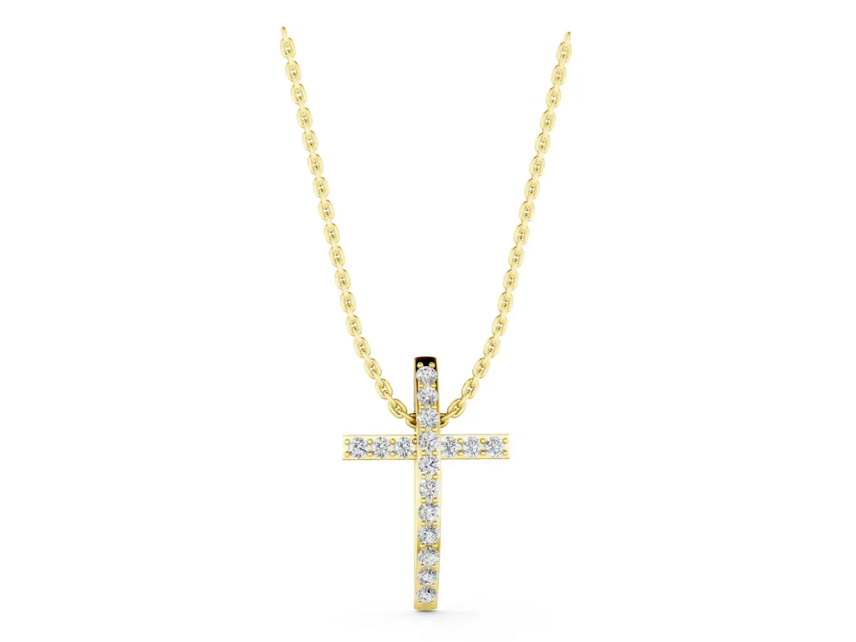Pavé Round Diamond Cross Pendant with Prong Setting Yellow gold