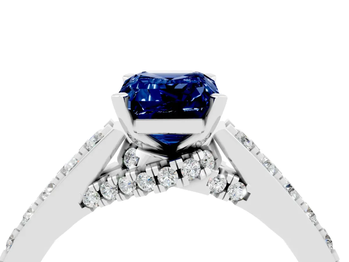 Emerald Cut Blue Sapphire Solitaire Ring with Crossover Gallery and Round Pavé Band Silver