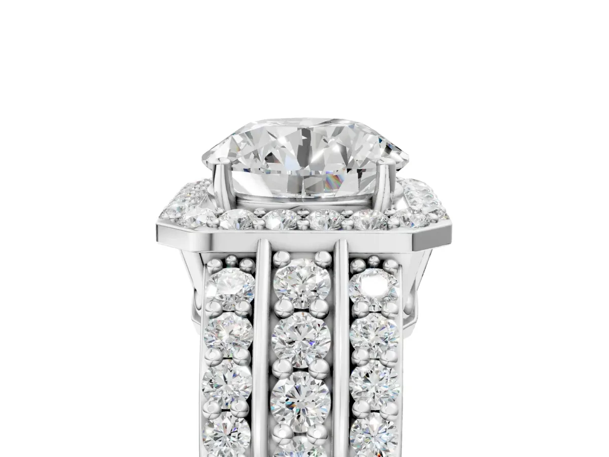 Round Cut Halo Diamond Ring with Round Moissanite Split Shank and Prong Setting Silver