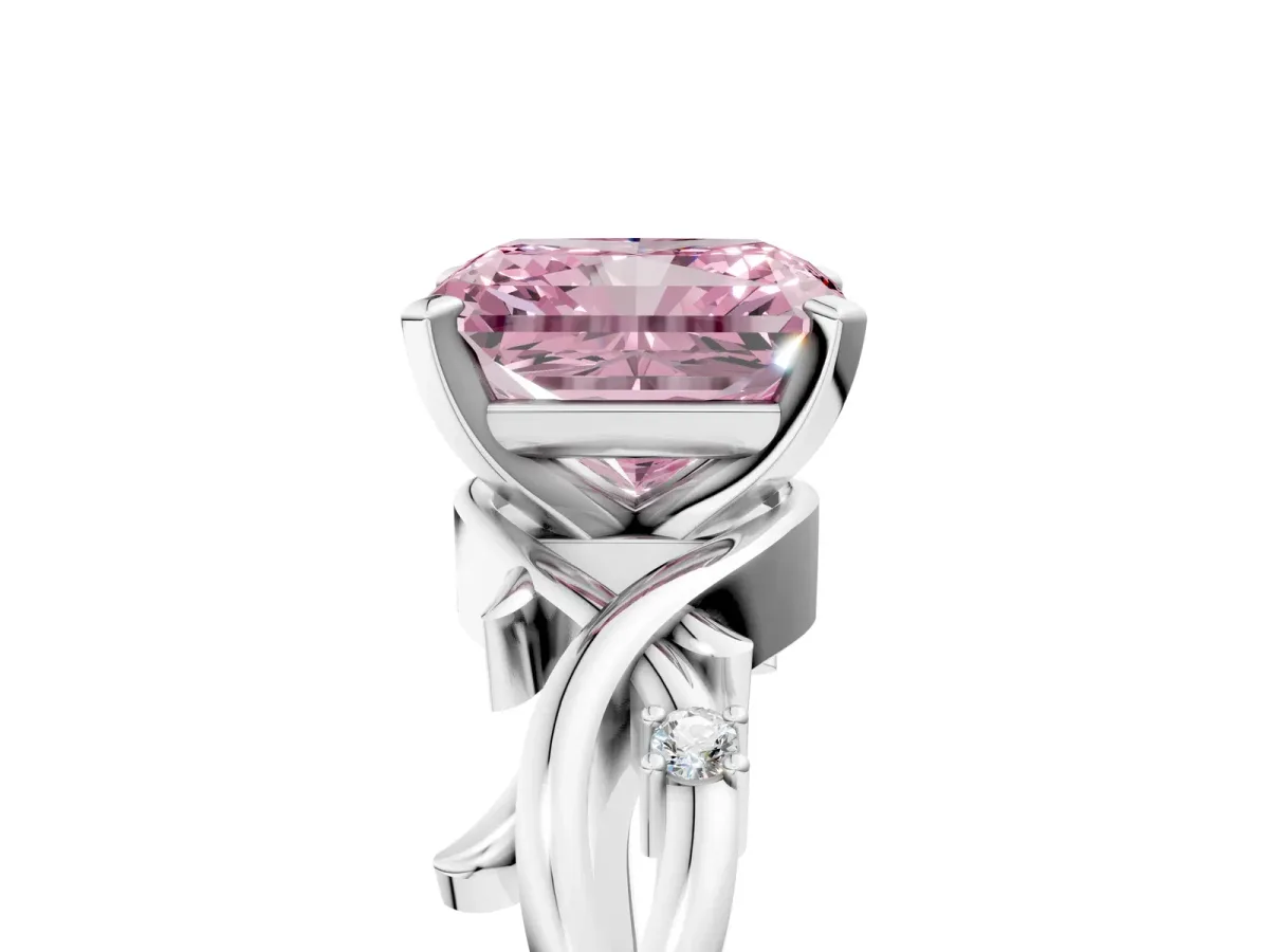 Fancy Pink Radiant Cut Diamond Solitaire Ring with Twisted Band and Prong Setting Silver