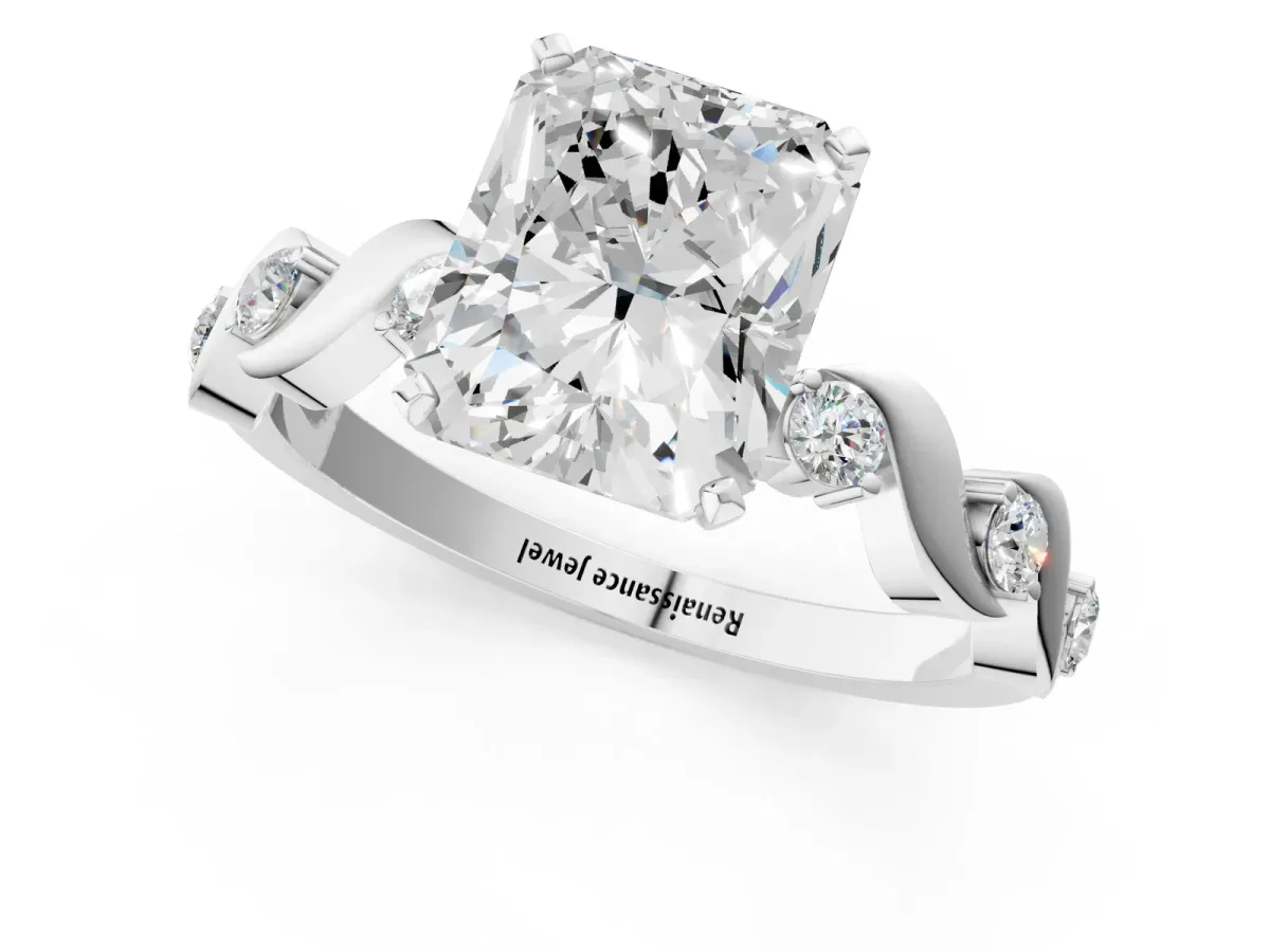 Radiant Cut Diamond Solitaire Twisted Band with Round Accents and Prong Setting Silver