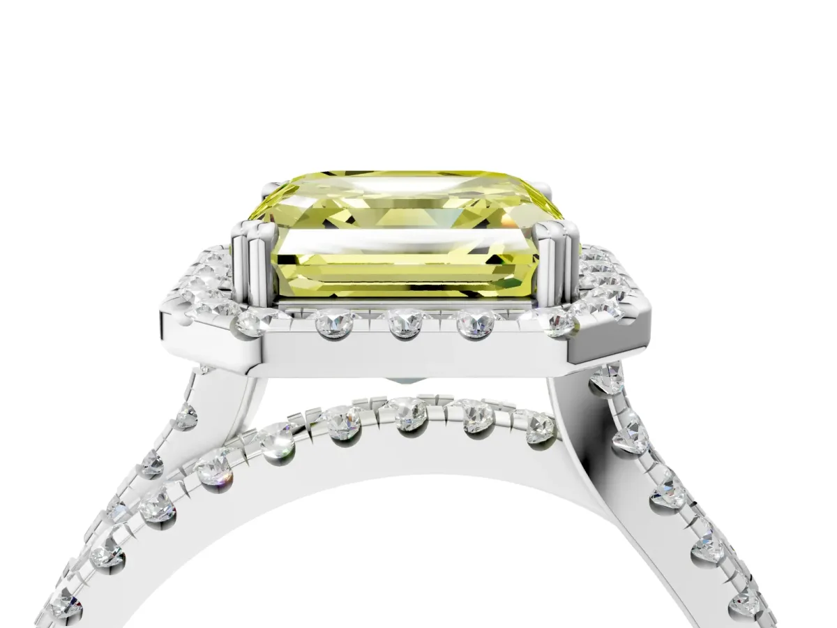 Fancy Yellow Asscher Cut Halo Split Shank Diamond Ring with Pavé Setting Platinum