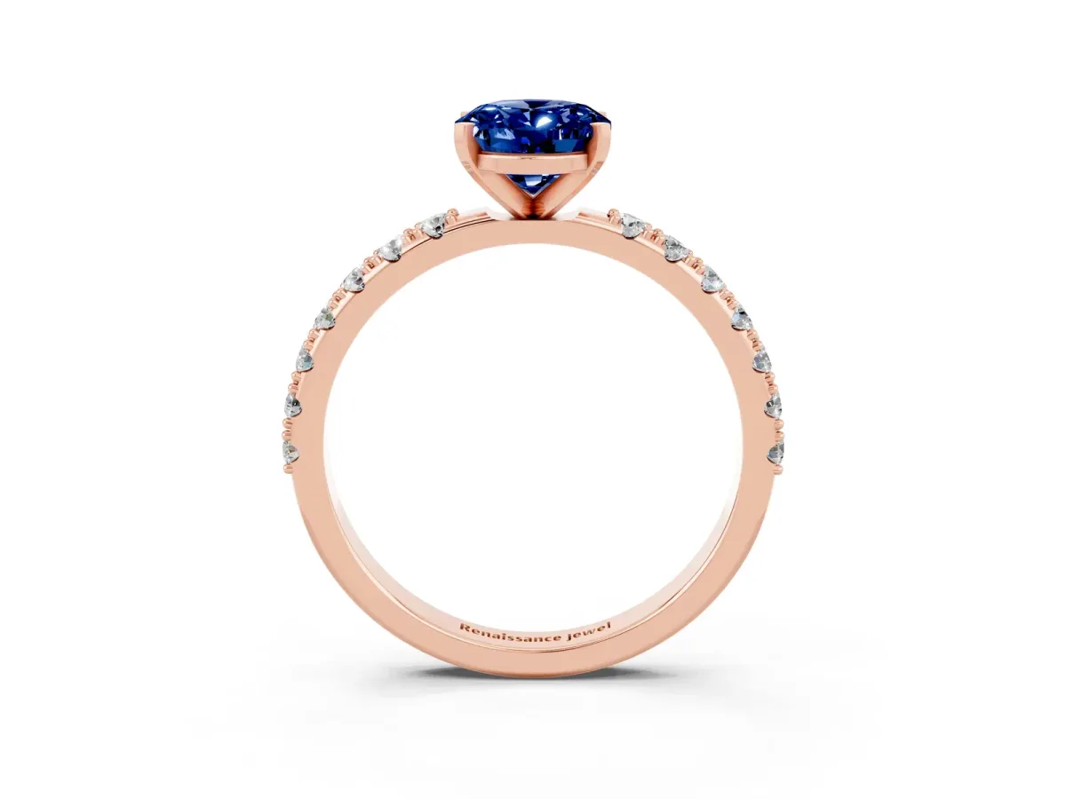 Oval Cut Blue Sapphire Solitaire Pavé Band with Four-Prong Setting Rose gold