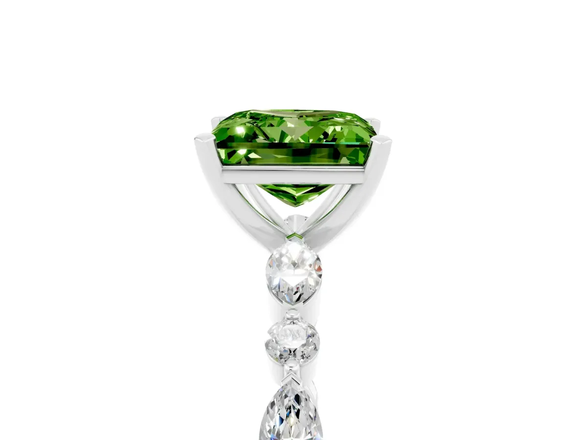 Princess Cut Peridot Ring with Marquise and Round Side Stones and Four-Prong Setting Silver