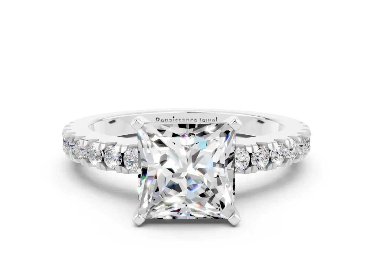 Princess Cut Solitaire Moissanite with Pavé Band and Four-Prong Setting Silver
