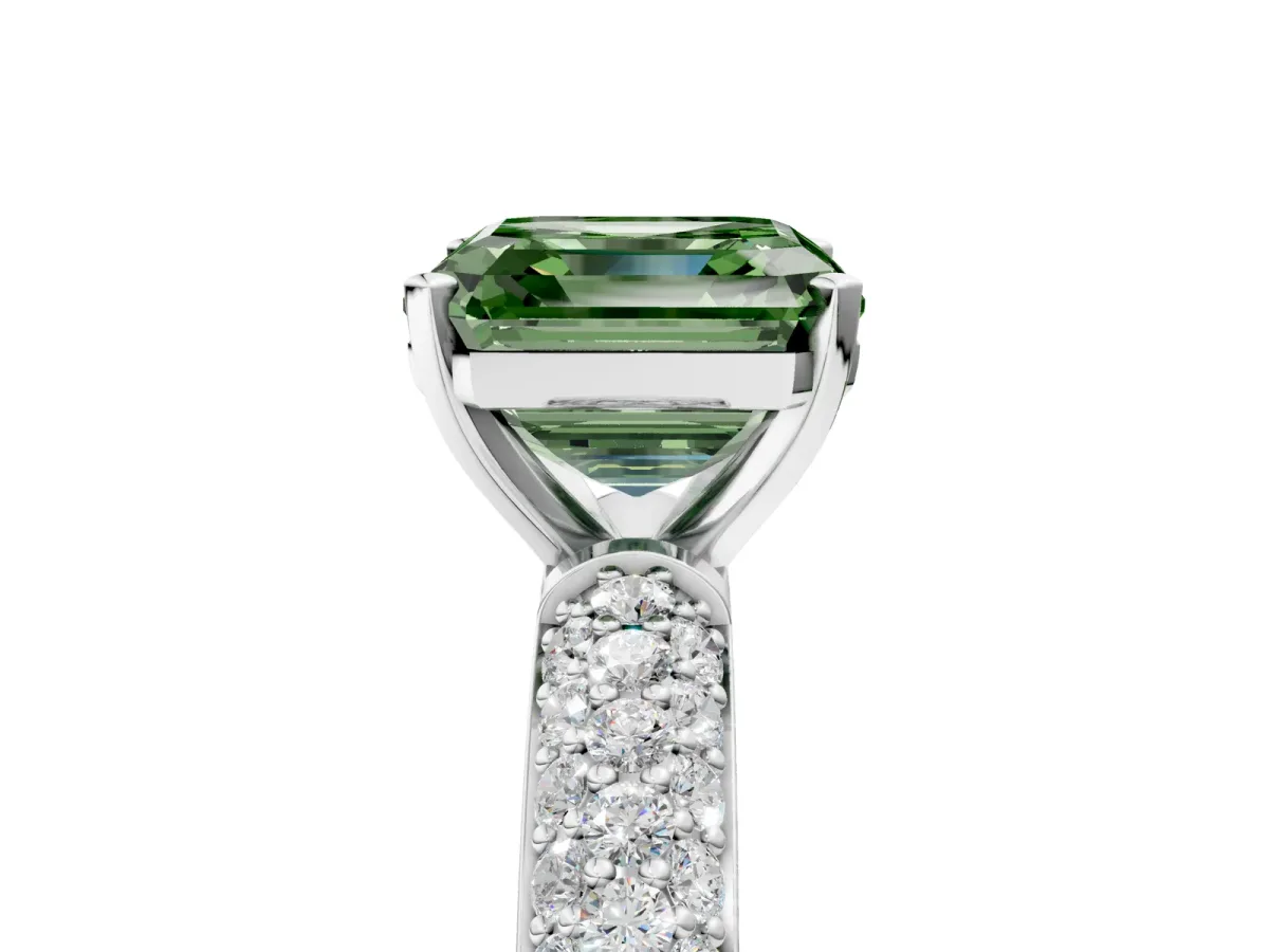 Fancy Green Asscher Cut Diamond Solitaire Ring with Prong Setting and Pavé Band Platinum