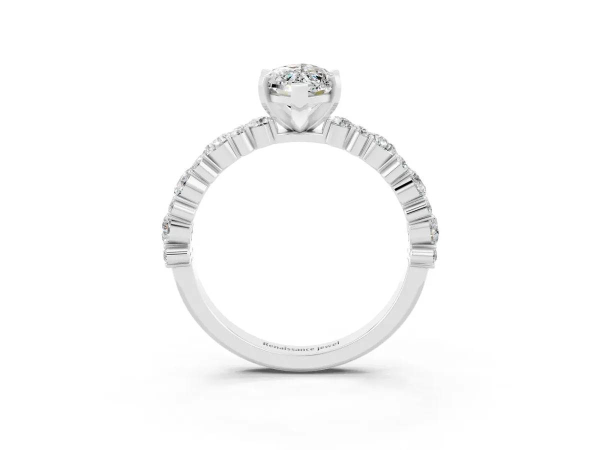 Marquise Cut Moissanite Side Stone Solitaire Ring with Round and Four-Prong Setting Silver