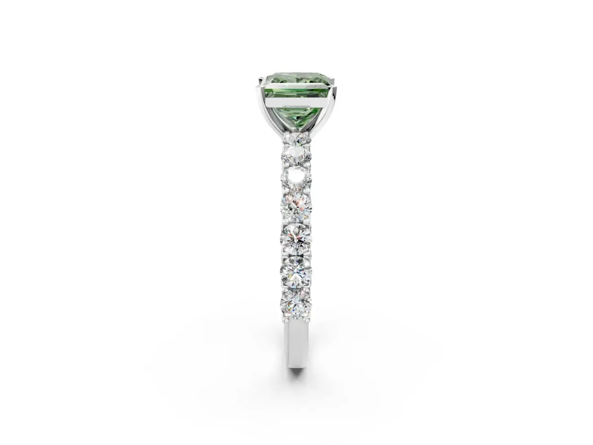 Fancy Green Princess Cut Diamond Solitaire Ring with Shared Prong Pavé Band and Four-Prong Setting Silver