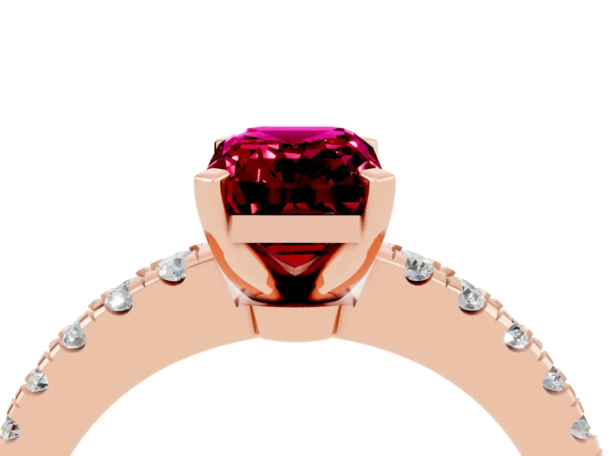 Emerald Cut Solitaire Garnet with Pavé Band and Four-Prong Setting Rose gold