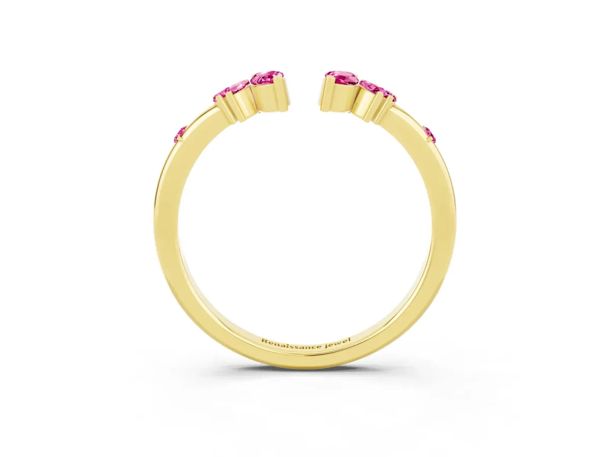 Open Marquise Cluster Pink Sapphire Band with Prong Setting Yellow gold