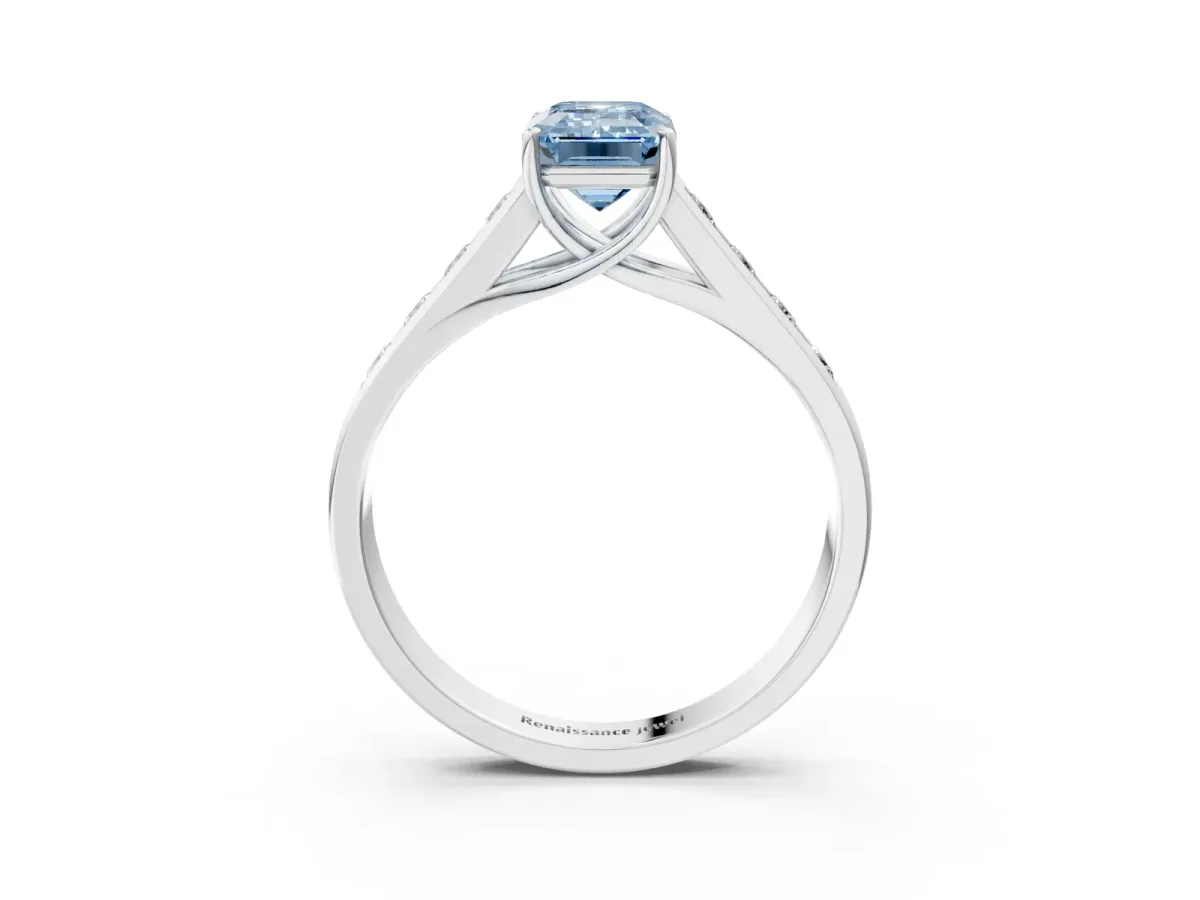 Fancy Blue Emerald Cut Brilliant Channel-Set Solitaire Ring with Four-Prong Setting White gold