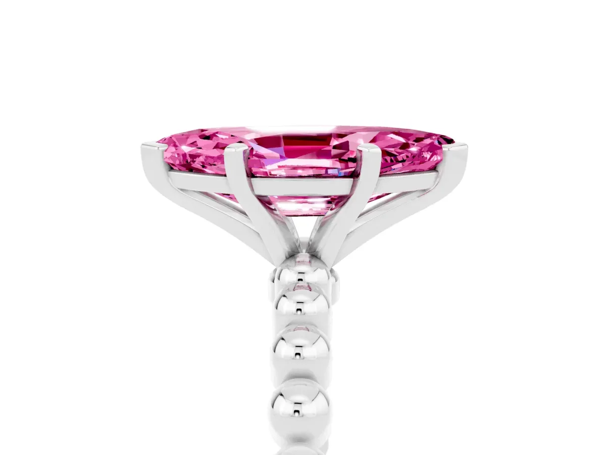 Marquise Cut Pink Sapphire Solitaire Ring with Beaded Band and Prong Setting Silver