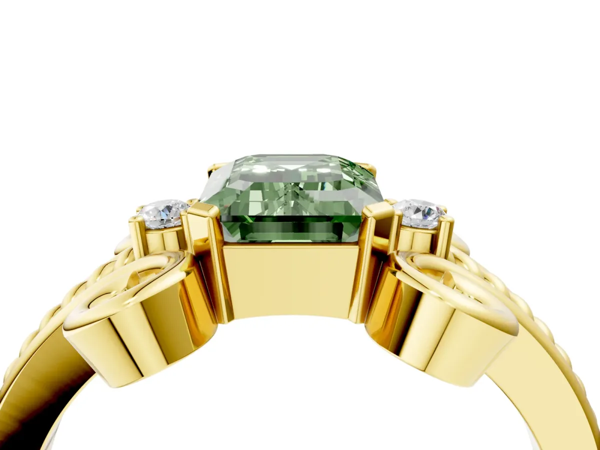 Fancy Green Emerald Cut Solitaire Twisted Band Scroll Prong Ring Yellow gold