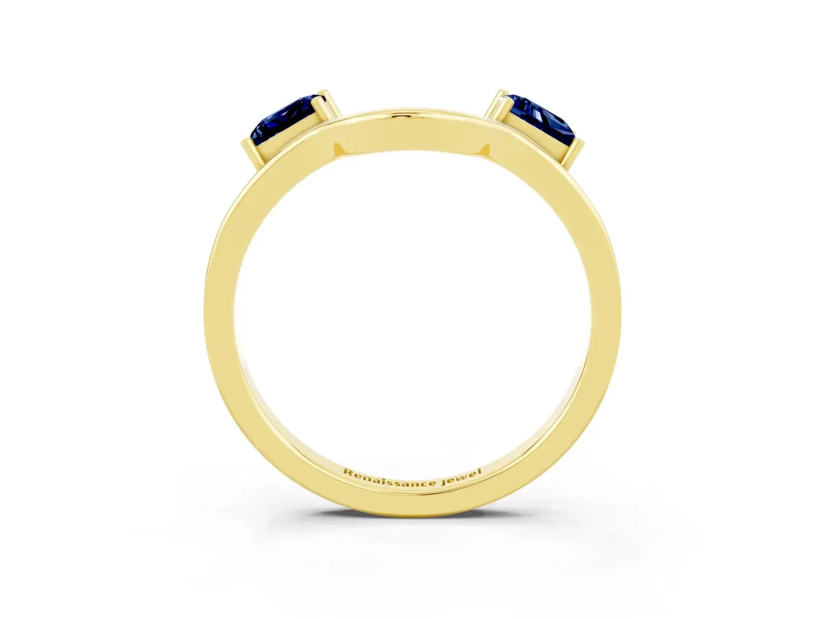 Princess Cut Blue Sapphire Two-Stone Open Band Ring with Four-Prong Setting Yellow gold