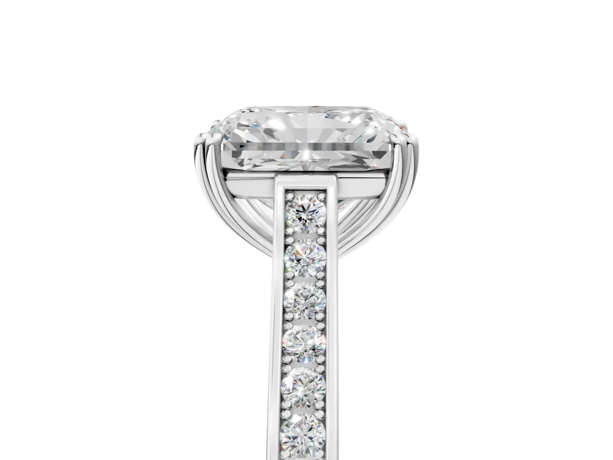 Radiant Cut Diamond Solitaire with Pave Band and Six-Prong Setting Platinum