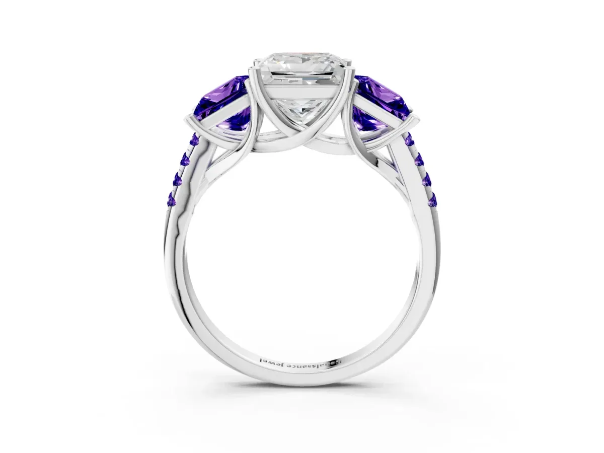 Three-Stone Princess Cut Diamond Ring with Round Tanzanite Pavé Band and Prong Setting Silver