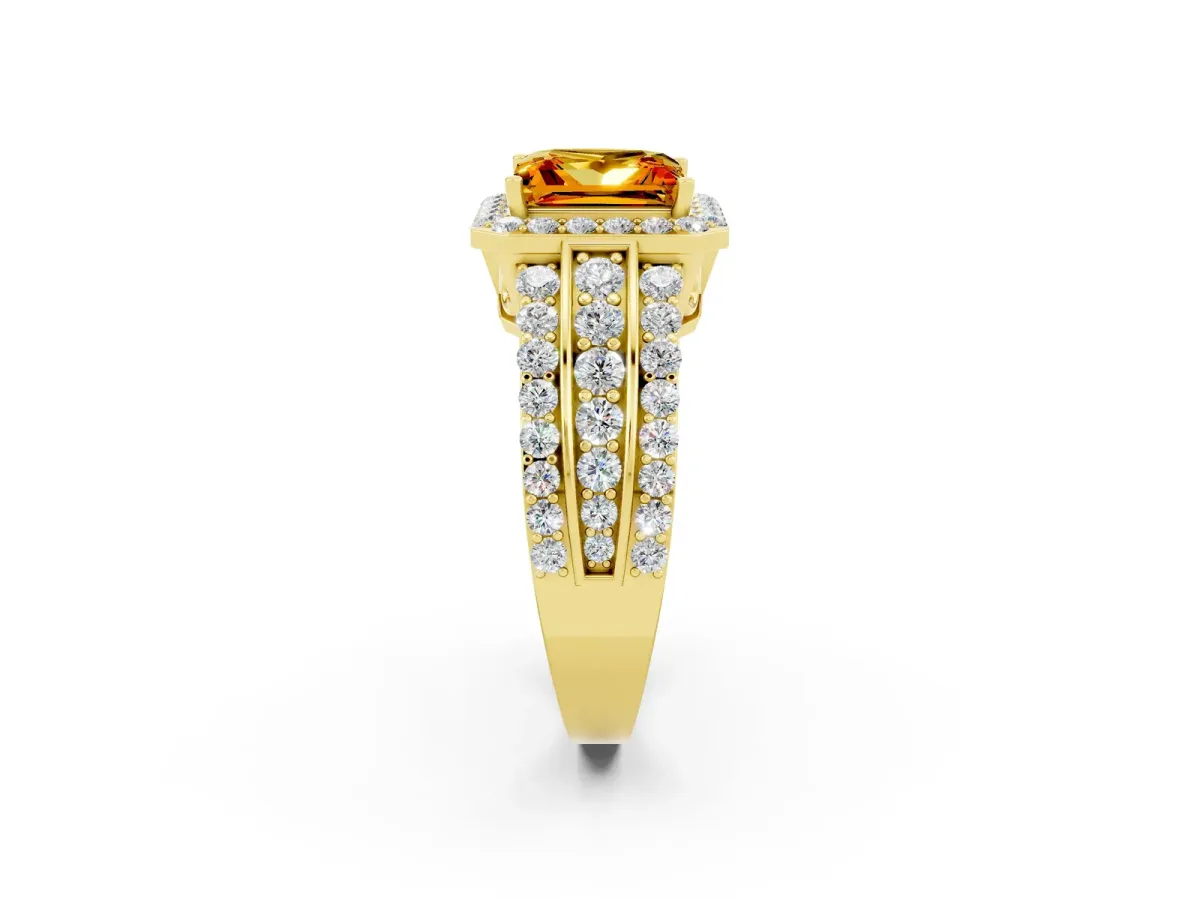 Princess Cut Halo Citrine Ring with Round Split Shank and Prong Setting Yellow gold