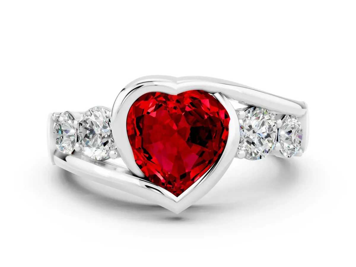 Bezel Set Heart Cut Ruby Bypass Ring with Round Accents Platinum