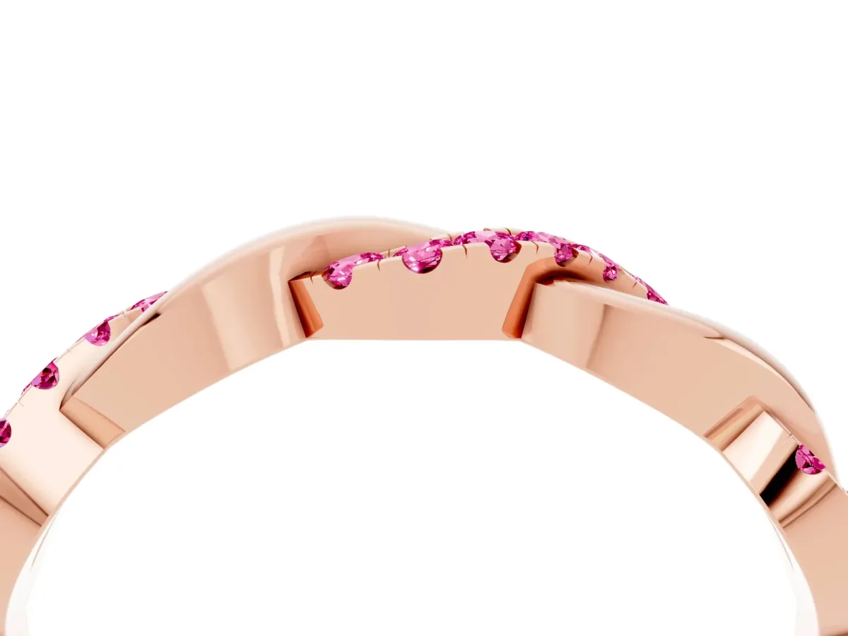 Pavé Round Pink Sapphire Twist Eternity Band with Shared Prong Setting Rose gold