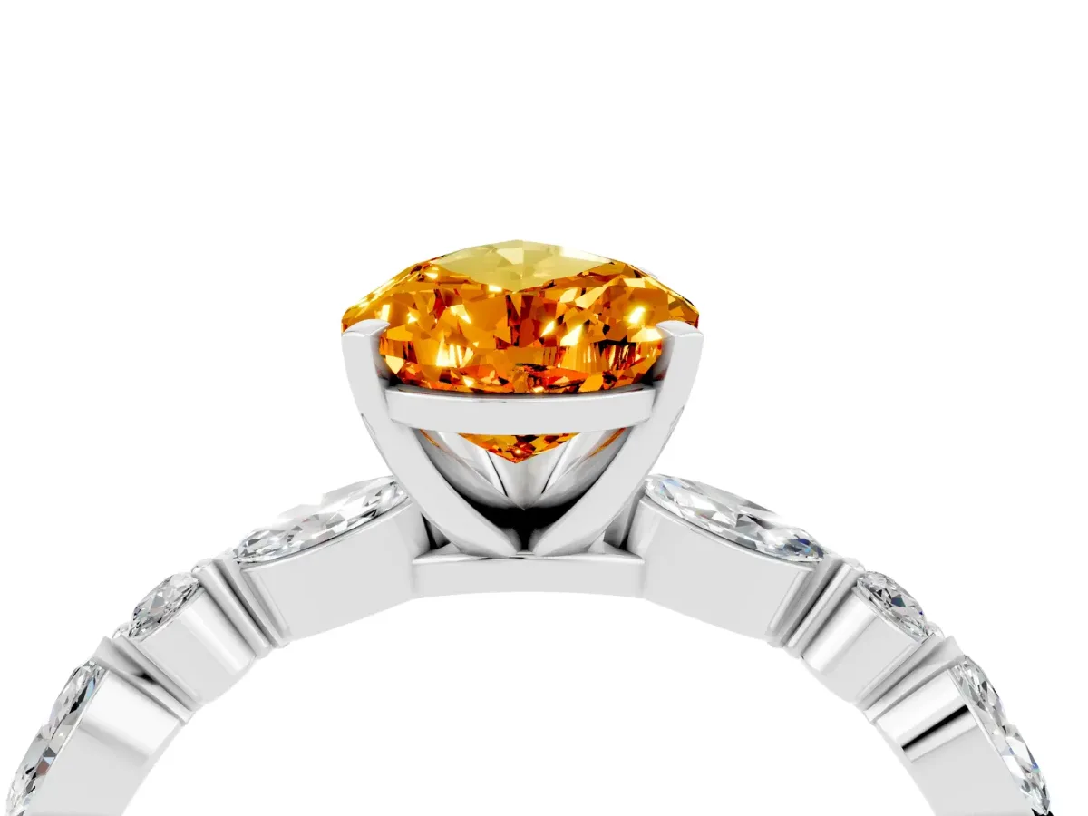 Pear Cut Citrine Ring with Marquise and Round Side Stones and Four-Prong Setting Silver