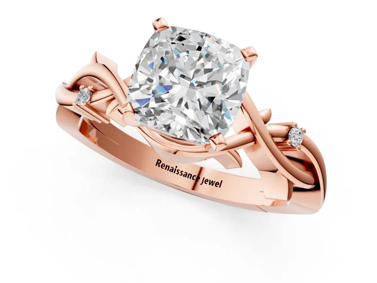 Cushion Cut Diamond Solitaire Ring with Twisted Band and Prong Setting Rose gold
