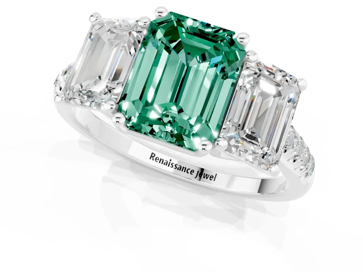Three-Stone Emerald Cut Green Sapphire Ring with Round Pavé Band and Prong Setting Silver