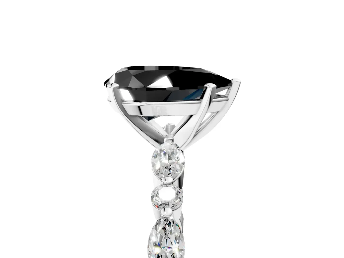 Fancy Black Pear Cut Diamond Ring with Marquise and Round Side Stones and Four-Prong Setting Silver