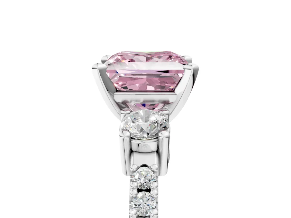 Fancy Pink Princess Cut Cut Three-Stone Diamond Pavé Band with Prong Setting Platinum