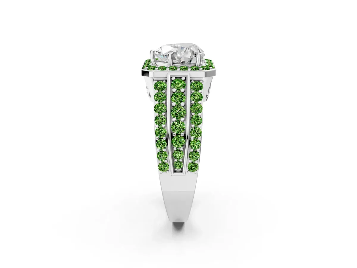 Heart Cut Halo Diamond Ring with Round Peridot Split Shank and Prong Setting Silver