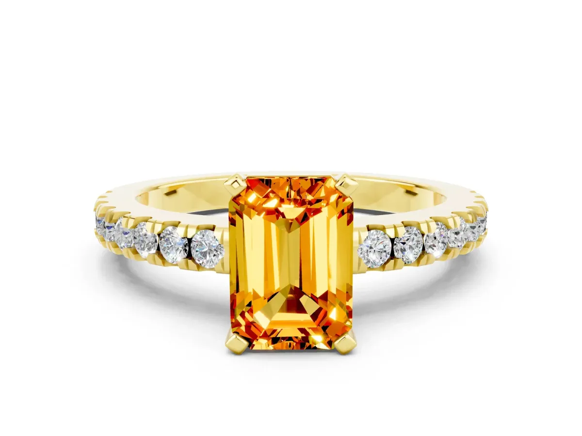 Emerald Cut Solitaire Citrine with Pavé Band and Four-Prong Setting Yellow gold