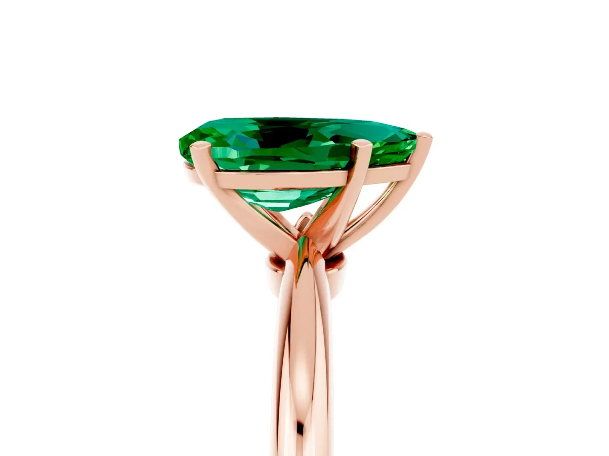Pear Cut Emerald Solitaire Ring with Six-Prong Setting and Classic Band Rose gold