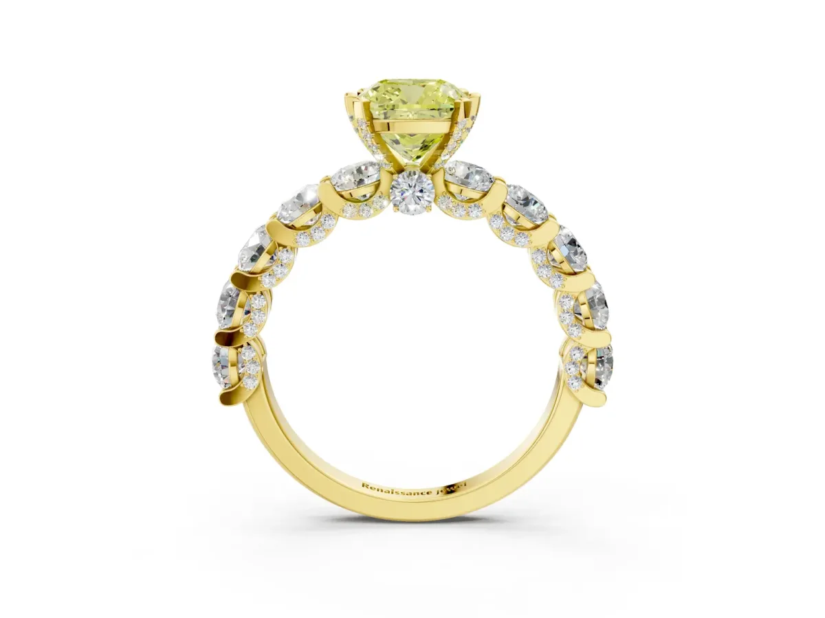 Fancy Yellow Cushion Cut Diamond Side Stone Engagement Ring with Four-Prong Setting Yellow gold