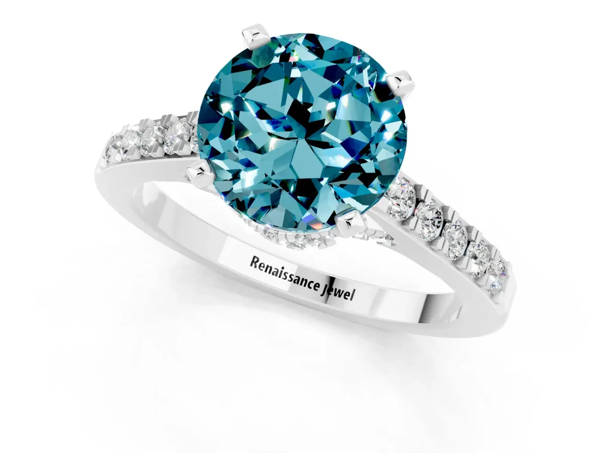 Round Cut Blue Topaz Solitaire Ring with Crossover Gallery and Round Pavé Band Silver